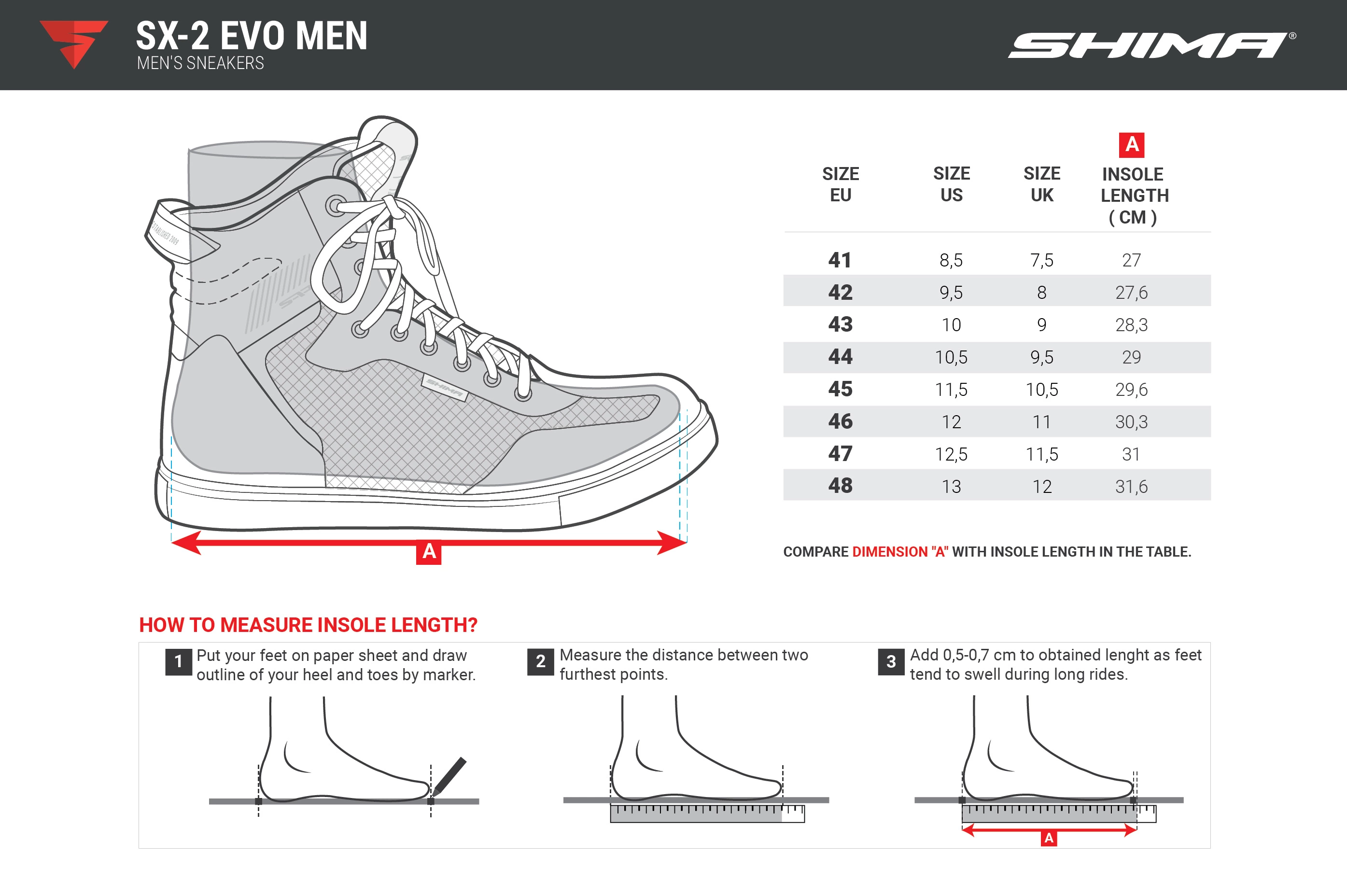 Tabela rozmiarów do buty motocyklowe SHIMA SX-2 EVO