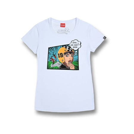 Koszulka codzienna T-shirt damska DAVCA OPS HE CAN'T RIDE biały żółty niebieski zielony