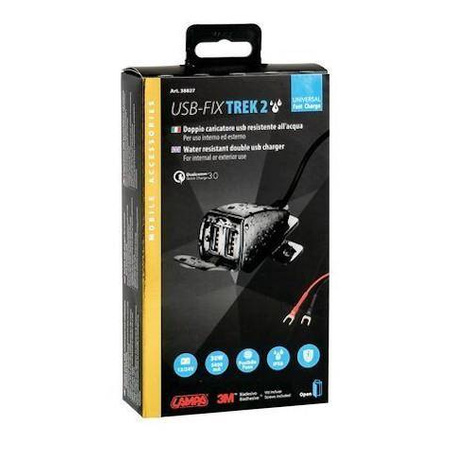 Podwójna, wodoodporna ładowarka USB mocowana na śruby lub na taśmie LAMPA Usb-Fix Trek 2 - Ultra Fast Charge - 5400 mA - 12/24 V