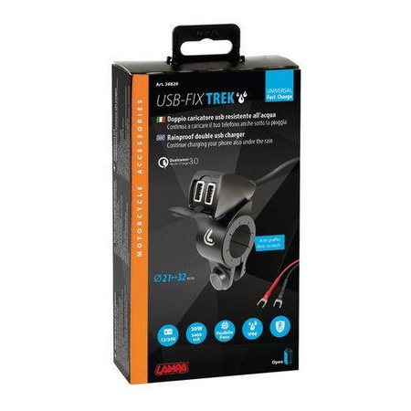 LAMPA Usb-Fix Trek, podwójna, wodoodporna ładowarka USB mocowana na kierownicy - Ultra Fast Charge - 5400 mA - 12/24 V