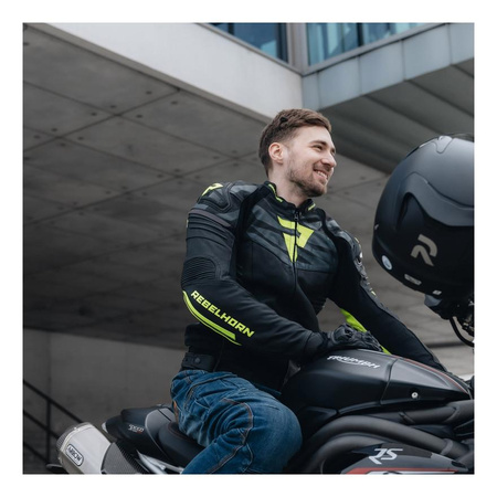 Kurtka motocyklowa skórzana sportowa/miejska Rebelhorn VANDAL czarny-żółty fluo