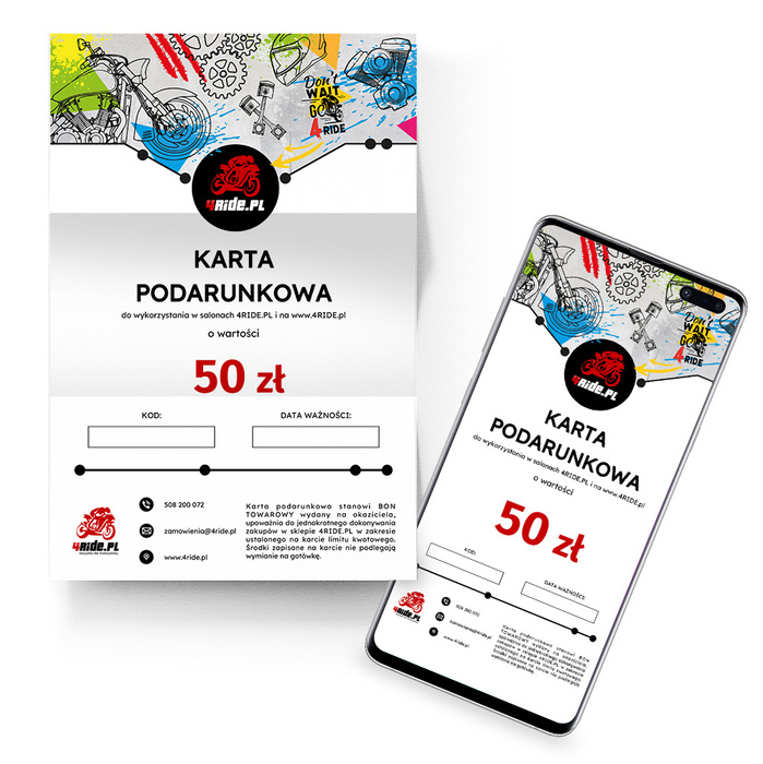 Bon voucher karta podarunkowa motocyklowa 4ride w wersji elektronicznej