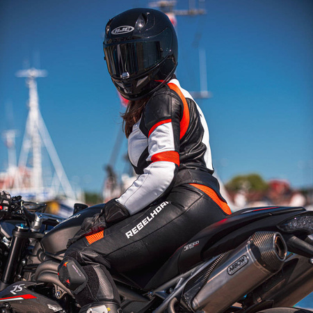Spodnie motocyklowe skórzane damskie Rebelhorn REBEL czarny-czerwony fluo-biały