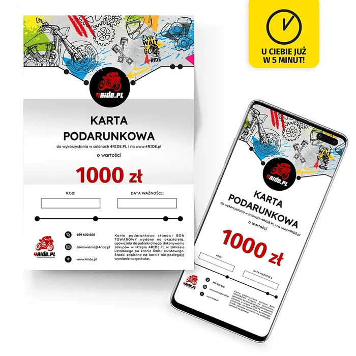 Bon voucher karta podarunkowa motocyklowa 4ride w wersji elektronicznej