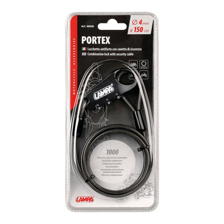 Zapięcie Motocyklowe LAMPA Portex – Linka Stalowa na Szyfr, 150 cm x 4 mm – Uniwersalna