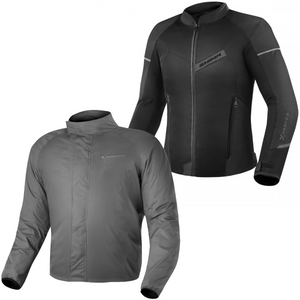 Kurtka motocyklowa SHIMA X-MESH 2.0 czarna + Kurtka przeciwdeszczowa SHIMA RAINSHELL szara